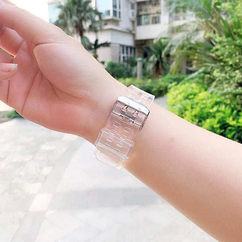 Clear Band + Case for Apple Watch Series 9 8 7 6 SE 5 49mm 45mm 44mm 42mm 41mm Transparent for iwatch 3 38mm 40mm Plastic Strap