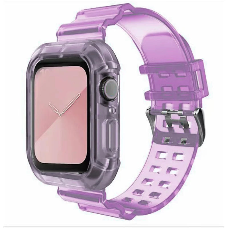 Clear Band + Case for Apple Watch Series 9 8 7 6 SE 5 49mm 45mm 44mm 42mm 41mm Transparent for iwatch 3 38mm 40mm Plastic Strap